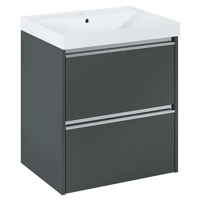 Riva Urban 2.0 Waschtischunterschrank - B x T x H: 60 x 45,1 x 63,5 cm, Anthrazit - Waschbeckenunterschrank in Grau mit zwei Schubladen und einer weißen Waschbeckenplatte.