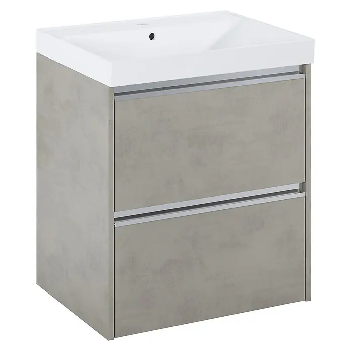 Riva Urban 2.0 Waschtischunterschrank - B x T x H: 60 x 45,1 x 63,5 cm, Chromix Silver - Waschbeckenunterschrank in Betonoptik mit zwei Schubladen und weißem Waschbecken.