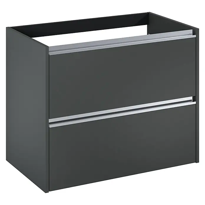 Riva Urban 2.0 Waschtischunterschrank - B x T x H: 80 x 45,1 x 63,5 cm, Anthrazit - Abbildung eines modernen Badezimmer-Unterschranks mit zwei Schubladen und silbernen Griffen vor schwarzem Hintergrund.