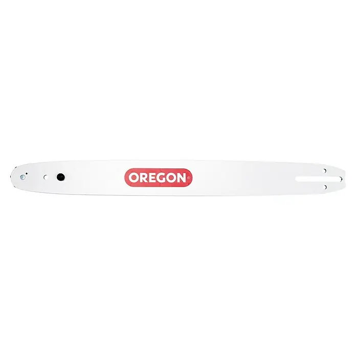 Scheppach Ersatz-Schwert - Passend für: Scheppach Elektro-Kettensäge CSE2600 - Weiße Oregon Kettensägenführungsschiene mit rotem Logo, Befestigungslöchern und Kettenschlitz.