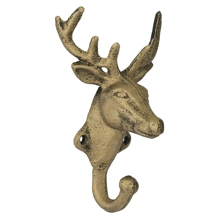 Walteco Garderobenhaken Jelen - L x B x H: 160 x 110 x 70 mm, Anzahl Haken: 1 Stk., Gold-Optik - Hirschkopf-Wandhaken aus Gusseisen mit Antikgold-Finish.