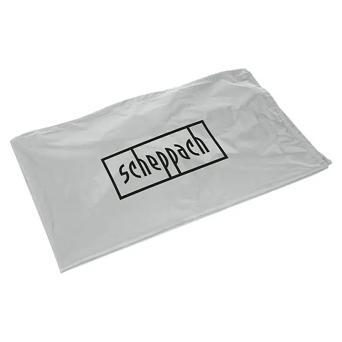 Scheppach Abdeckhaube für Rasenmäher - L x B: 1.200 x 1.050 mm, Wippkreissägen, Brennholzsägen, Aufsitzmäher - Weiße Scheppach Stofftasche mit Logo, leicht zerknittert.