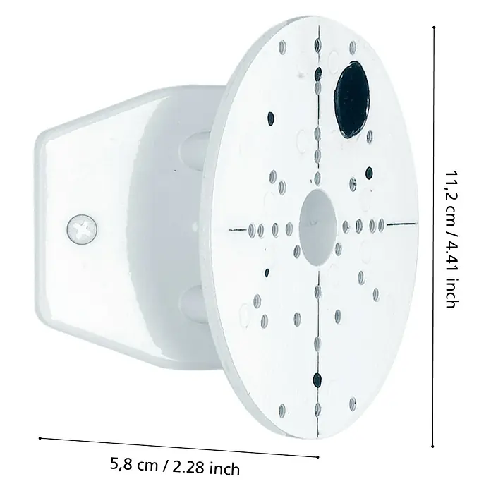 Starlux Eckanbindung - Weiß, Durchmesser: 12 cm - Nahaufnahme einer weißen Kamerahalterung mit den Maßen 11,2 cm x 5,8 cm.