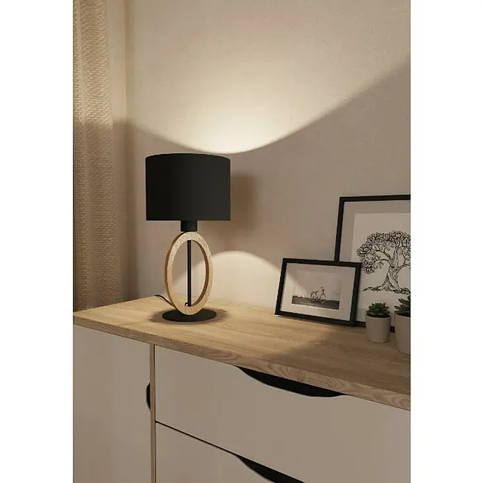 Eglo Basildon Lámpara de sobremesa redonda - 40 W, Ø x Al: 23 x 45,5 cm, Negro, E27 - Elegante lámpara de mesa con pantalla negra y una base anillada de madera clara que crea un ambiente acogedor.