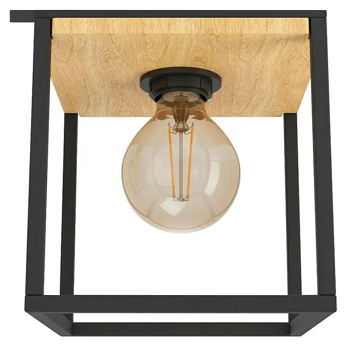 Eglo Libertad Plafón - 40 W, L x An x Al: 24 x 86 x 18 cm, Negro/Marrón, E27 - Lámpara de techo moderna con marco de metal negro y bombilla Edison suspendida de una base de madera.