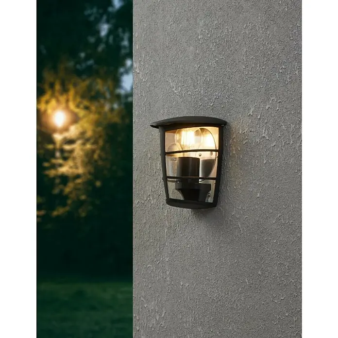 Eglo Aloria Aplique exterior - 60 W, 12 x 18 x 20 cm, Negro, IP44, Pared - Aplique de pared exterior de metal oscuro con cristal transparente y bombilla encendida, montado en una pared gris texturizada.