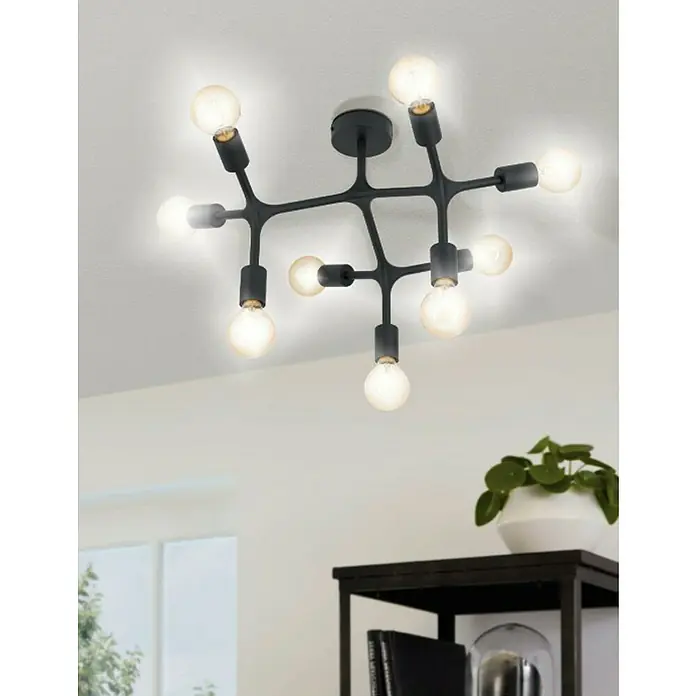 Eglo Bocadella Plafón redondo - 540 W, Ø x Al: 64 x 36,5 cm, Negro, E27 - Lámpara de techo negra moderna con múltiples brazos y bombillas, que emite un brillo cálido, ideal para espacios de estar elegantes.
