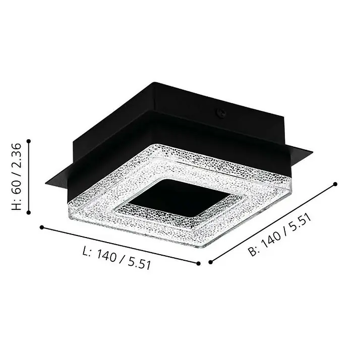 Eglo Plafón LED para pared y techo Fradelo 1 - 4 W, L x An x Al: 14 x 14 x 6 cm, Negro/blanco, Blanco cálido - Lámpara de techo cuadrada negra con marco adornado con cristales, dimensiones altura 60/2,36, longitud 140/5,51 y ancho 140/5,51.