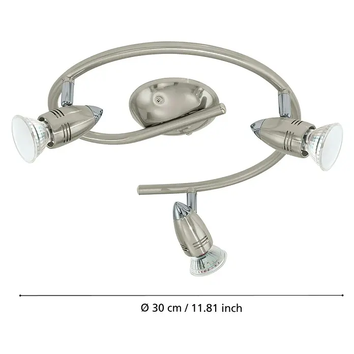 Eglo LED-Deckenstrahler MAGNUM-LED - 9 W, L x B x H: 25,5 x 0 x 295 cm, Nickel-matt/Chrom, 3 Stk. - Nahaufnahme einer modernen, gebogenen Deckenleuchte mit drei Strahlern in Silber.