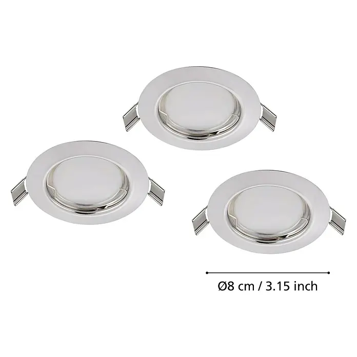 Eglo LED-Einbauleuchten-Set Peneto - 9 W, L x B x H: 7,8 cm x 7,8 cm x 11,5 mm, Chrom, 3 Stk., Warmweiß - Abbildung von drei runden, silbernen Einbaustrahlern mit den Maßen Ø8 cm / 3.15 Zoll.
