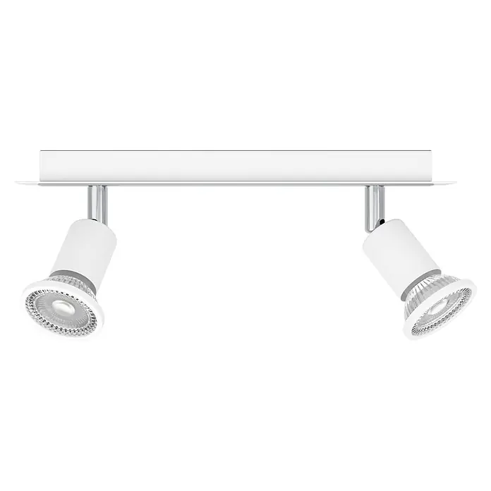 Eglo Sarria Wandstrahler SARRIA - 9 W, Weiß/Chrom, GU10, 2 Stk. - Zwei weiße Strahler sind an einer weißen Schiene befestigt. Die Strahler sind so ausgerichtet, dass sie Licht in verschiedene Richtungen werfen.