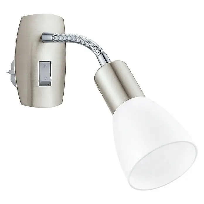 Eglo Dakar 3 Steckdosenspot - Weiß, 25 W - Moderne Wandleuchte mit flexiblem Arm und Schalter für gezielte Beleuchtung. Das silberfarbene Design mit weißem Lampenschirm passt perfekt.
