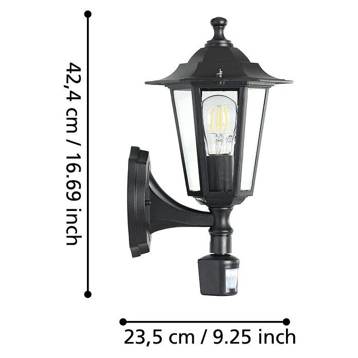 Eglo Laterna 4 Vanjska zidna svjetiljka  (60 W, Crne boje, Prozirno, IP44, Senzor pokreta) | BAUHAUS