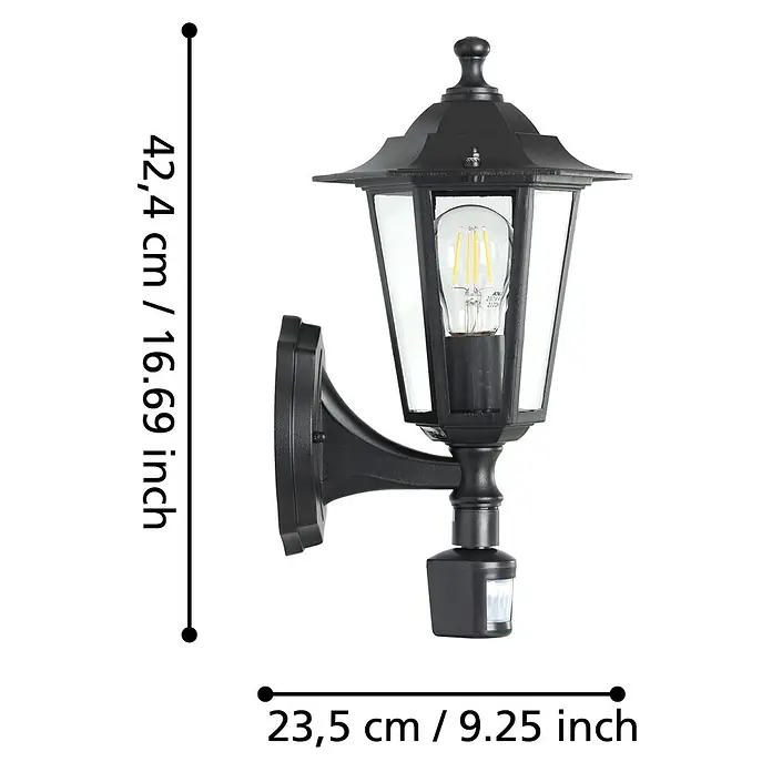 Eglo Laterna 4 Außenwandleuchte - 60 W, Schwarz, Klar, IP44, Bewegungsmelder - Abgebildet ist eine schwarze Außenwandleuchte mit Bewegungssensor und den Maßen 42,4 cm Höhe und 23,5 cm Breite.