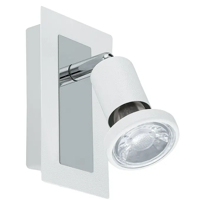 Eglo Sarria Wandstrahler SARRIA - 4,5 W, Weiß/Chrom, GU10, 1 Stk. - Nahaufnahme einer schwenkbaren Wandleuchte mit Chromarm und weißem Lampenkopf. Ideal für gezielte Beleuchtung und modernes Design.