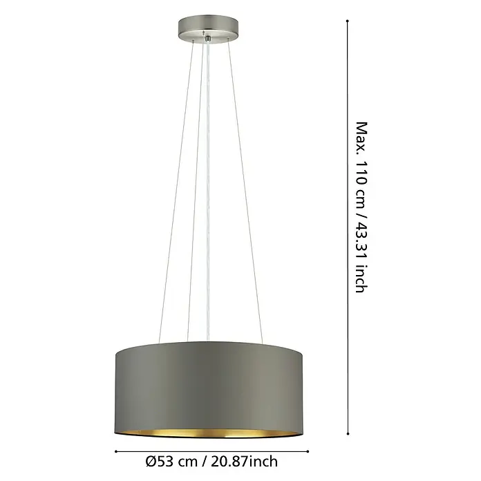 Eglo Maserlo Pendelleuchte rund - Braun, Gold, Höhe: 110 cm, Durchmesser: 530 mm - Graue Hängelampe mit goldenem Interieur und Maßen.