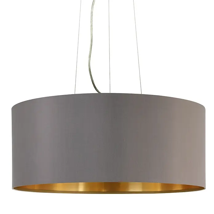 Eglo Maserlo Pendelleuchte rund - Braun, Gold, Höhe: 110 cm, Durchmesser: 530 mm - Nahaufnahme einer modernen, grauen Hängelampe mit goldenem Akzent, die ein elegantes und warmes Licht in jeden Raum bringt.