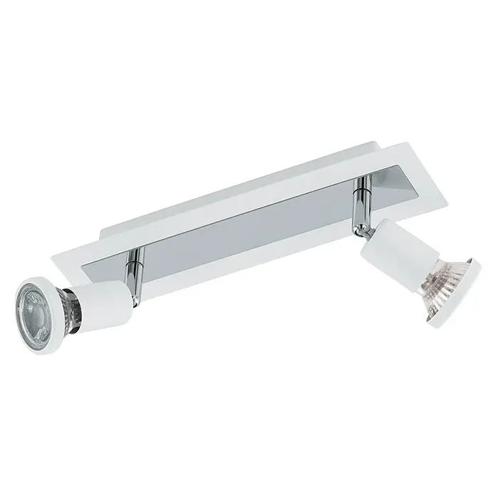Eglo Sarria Wandstrahler SARRIA - 9 W, Weiß/Chrom, GU10, 2 Stk. - Hier ist eine Nahaufnahme einer eleganten weißen Deckenleuchte mit zwei verstellbaren Strahlern und Chromdetails.
