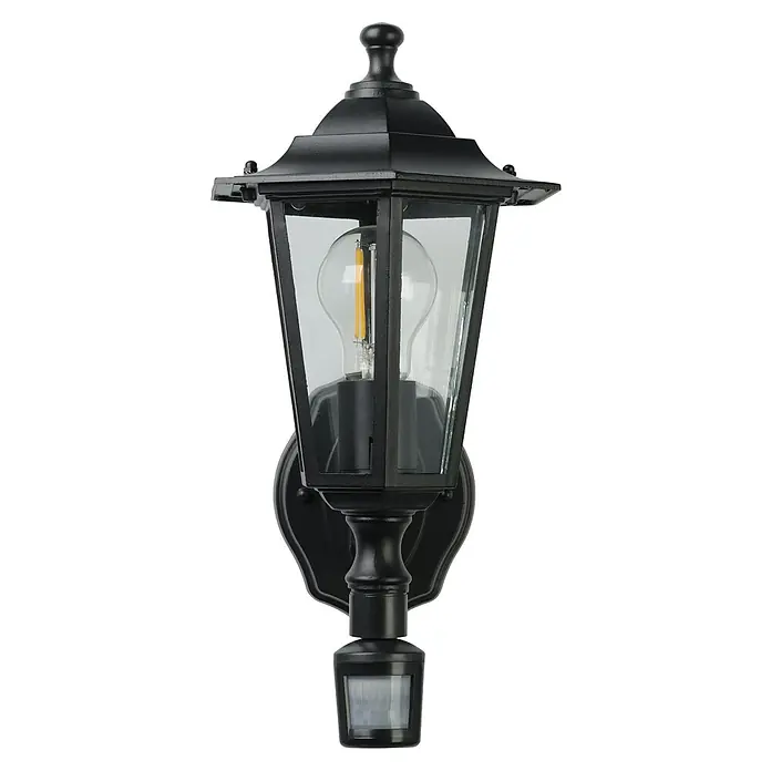 Eglo Laterna 4 Außenwandleuchte - 60 W, Schwarz, Klar, IP44, Bewegungsmelder - Eine schwarze Außenwandleuchte im Laternenstil mit Bewegungssensor. Das Produkt ist elegant und funktional für den Außenbereich.