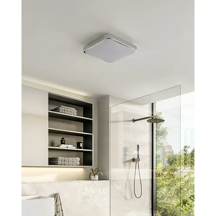Eglo LED-Deckenleuchte Manilva 1 - 16 W, L x B x H: 29 x 29 x 7 cm, Weiß/Chrom, Warmweiß - Deckenleuchte im Badezimmer. Die quadratische Deckenleuchte mit silbernem Rahmen und LED-Beleuchtung sorgt für eine helle und moderne Atmosphäre.