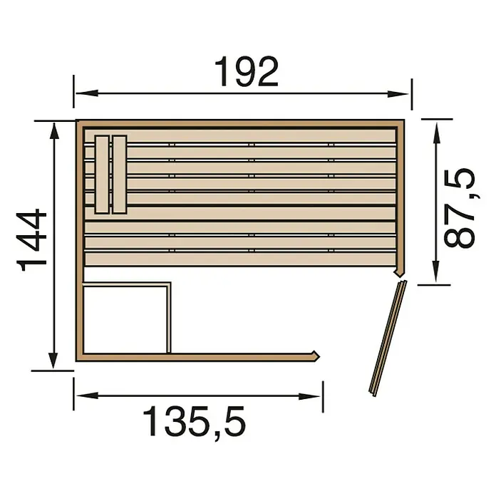Weka Massivholzsauna Laukkala 2 GTF - Ohne Ofen, L x B x H: 144 x 192 x 200 cm, Inkl. Spezial-Saunenleuchten-Set - Draufsicht auf eine Sauna mit den Maßen 192 x 144 x 135,5 x 87,5 cm, die eine kompakte und entspannende Wellness-Oase verspricht.