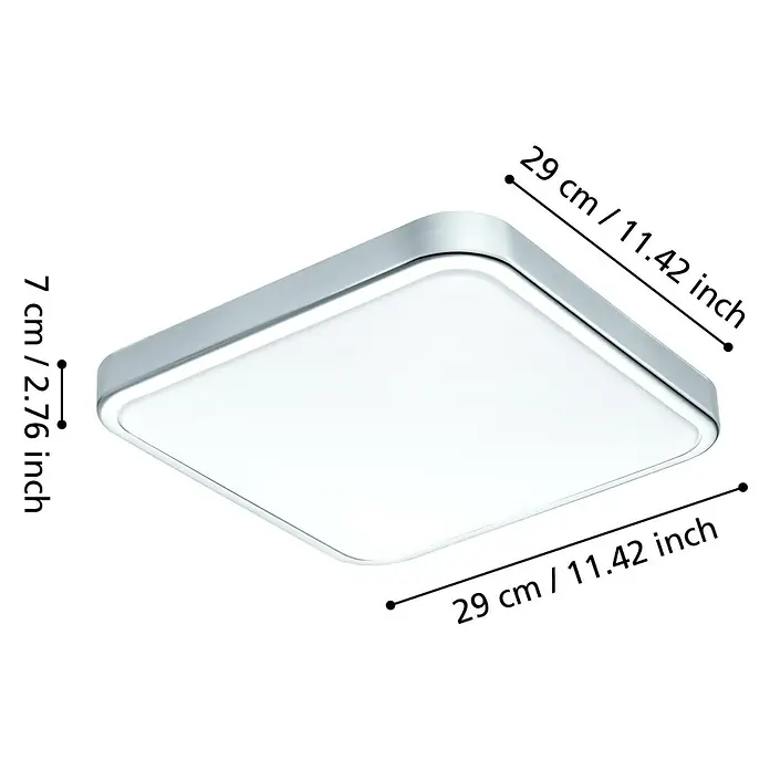 Eglo LED-Deckenleuchte Manilva 1 - 16 W, L x B x H: 29 x 29 x 7 cm, Weiß/Chrom, Warmweiß - Nahaufnahme einer quadratischen LED-Deckenleuchte in Silber mit Maßangaben.