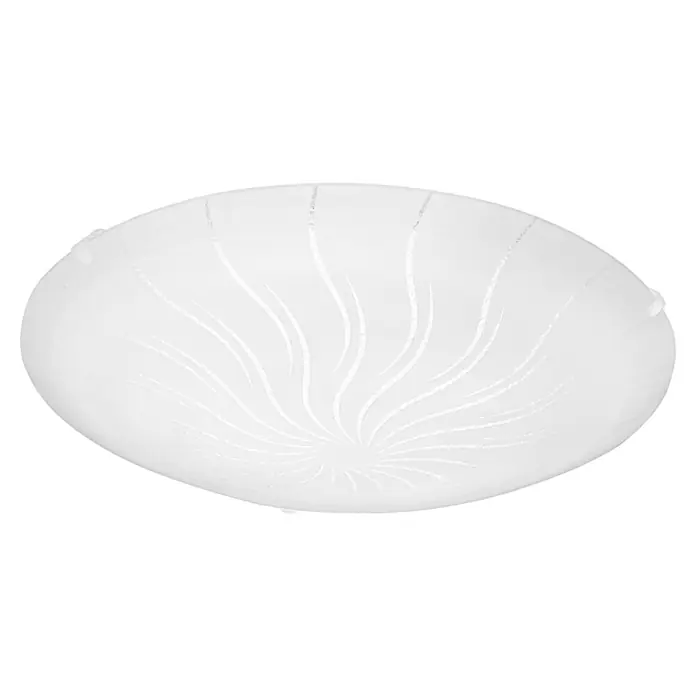 Eglo LED-Deckenleuchte rund Margitta 1 - 11 W, Ø x H: 315 mm x 9,5 cm, Granille Weiß - Nahaufnahme einer weißen Deckenleuchte mit einem floralen Muster, die ein sanftes und diffuses Licht ausstrahlt.