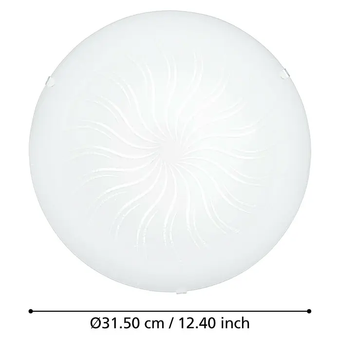 Eglo LED-Deckenleuchte rund Margitta 1 - 11 W, Ø x H: 315 mm x 9,5 cm, Granille Weiß - Nahaufnahme einer runden, weißen Deckenleuchte mit einem Durchmesser von 31,50 cm / 12,40 Zoll und einem spiralförmigen Muster.