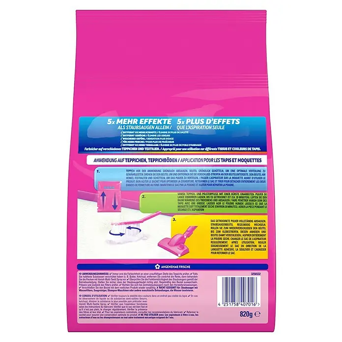 Vanish Teppichreiniger & Polsterpflege Pulver Oxi Action - 750 g - Anwendungshinweise für Vanish Teppich- und Polsterreiniger Pulver, 820g Packung. Sorgfältige Fleckenentfernung und Staubsaugerbeutelwechsel beachten.
