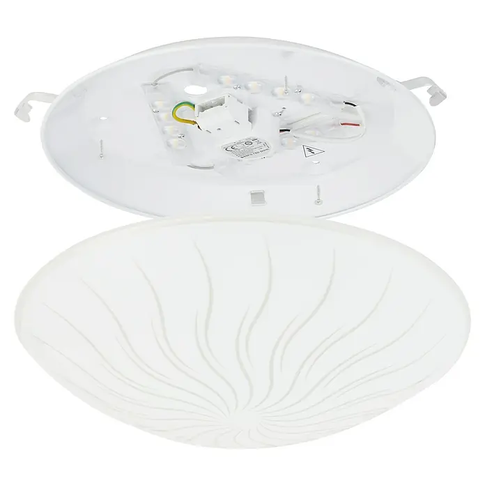 Eglo LED-Deckenleuchte rund Margitta 1 - 11 W, Ø x H: 315 mm x 9,5 cm, Granille Weiß - Eine Nahaufnahme einer runden, weißen Deckenleuchte mit einem abnehmbaren Schirm.