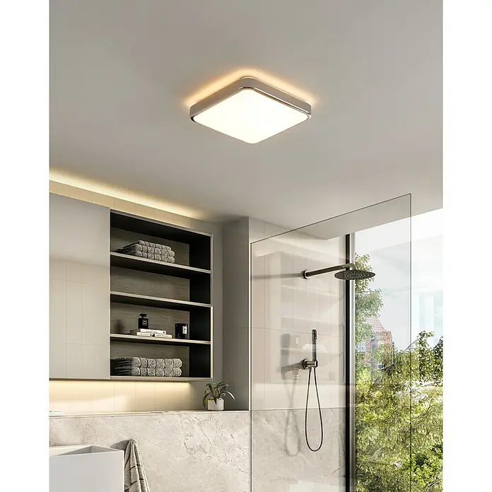 Eglo LED-Deckenleuchte Manilva 1 - 16 W, L x B x H: 29 x 29 x 7 cm, Weiß/Chrom, Warmweiß - Quadratische Deckenleuchte mit Chromrand und LED-Beleuchtung für moderne Badezimmer. Sie sorgt für angenehmes Licht.