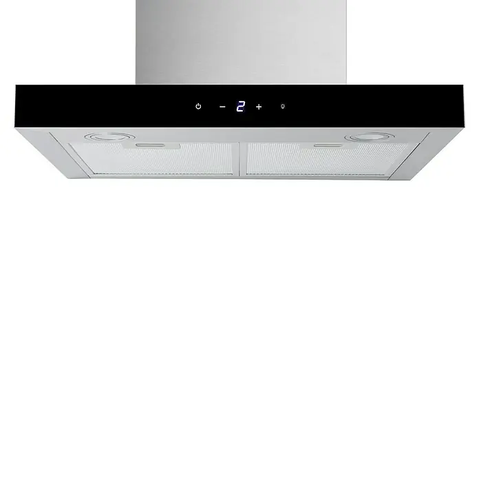 Respekta Blockhaube CH44160G-20 - Breite: 60 cm, Edelstahl - Nahaufnahme einer Dunstabzugshaube aus Edelstahl mit digitalen Bedienelementen. Modernes Design für eine stilvolle Kücheneinrichtung.