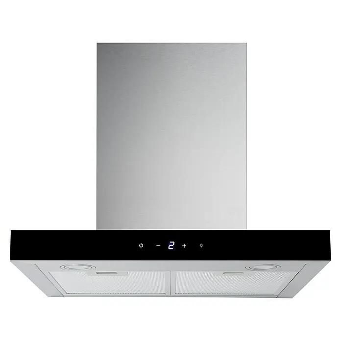 Respekta Blockhaube CH44160G-20 - Breite: 60 cm, Edelstahl - Nahaufnahme einer Dunstabzugshaube aus Edelstahl mit digitaler Anzeige und integrierter Beleuchtung, perfekt für moderne Küchen.