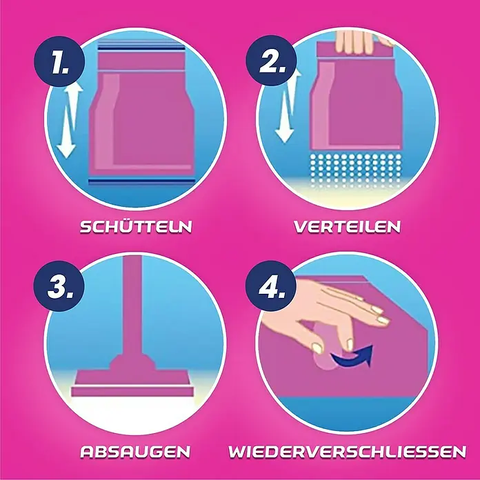 Vanish Teppichreiniger & Polsterpflege Pulver Oxi Action - 750 g - Anleitung zur Verwendung von Teppichreinigungspulver: schütteln, verteilen, absaugen, wiederverschliessen.