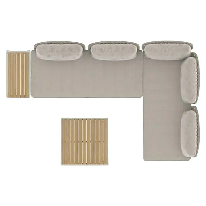 Sunfun Solo Conjunto de muebles chaise lounge + sofá + mesa auxiliar + mesa de centro - 4 pzs., Gris claro - Vista superior de un sofá esquinero modular con paneles de madera, que ofrece una solución de espacio habitable moderna y flexible.