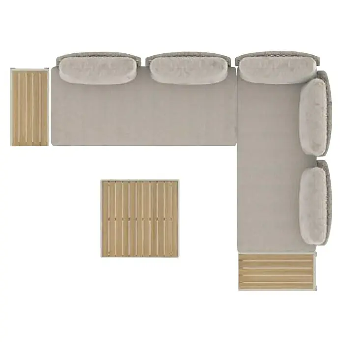 Sunfun Solo Conjunto de muebles chaise lounge + sofá + mesa auxiliar + mesa de centro - 5 pzs., Gris claro - Vista cenital de un sofá modular con cojines claros y detalles de madera, combinado con una mesa auxiliar y un panel de pared a juego.