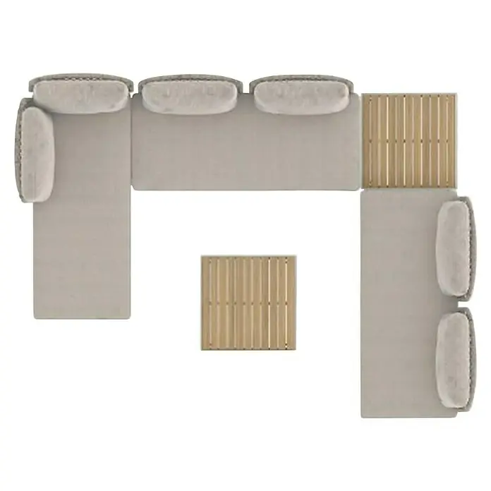 Sunfun Solo Conjunto de muebles chaise lounge + sofá + mesa de centro - 5 pzs., Gris claro - Sofá modular con tapicería clara y elementos de madera, capturado desde una vista de pájaro para una visión completa del diseño del mueble.