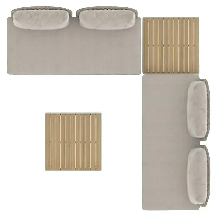 Sunfun Solo Conjunto de muebles sofá + mesa de centro - 4 pzs., Gris claro - Vista aérea de un sofá modular esquinero con tapicería clara y detalles de madera, ideal para espacios modernos.