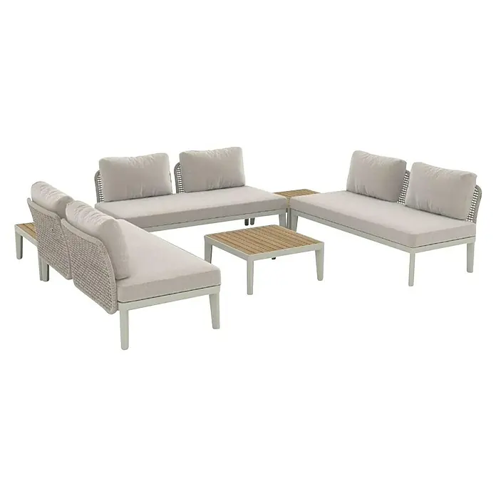 Sunfun Solo Conjunto de muebles sofá + mesa de centro - 6 pzs., Gris claro - Elegante conjunto de sofá para exteriores con estructura blanca, cojines crema y mesa de madera, ideal para relajarse en el jardín.