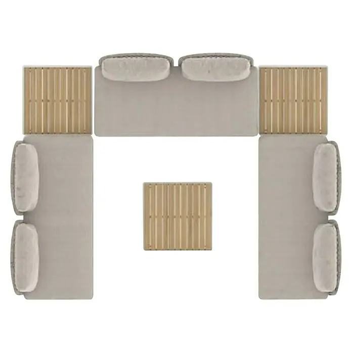 Sunfun Solo Conjunto de muebles sofá + mesa de centro - 6 pzs., Gris claro - Un conjunto de sofás moderno con paneles de madera y cojines cómodos, ideal para espacios habitables elegantes.