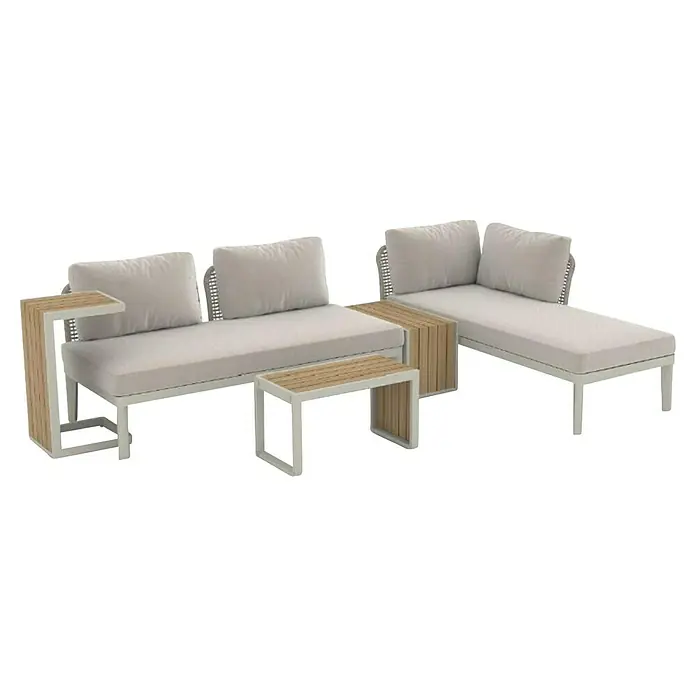 Sunfun Solo Conjunto de muebles chaise lounge + sofá + mesa auxiliar - 5 pzs., Gris claro - Un moderno conjunto de sala de estar para exteriores con marcos blancos, cojines claros y detalles con aspecto de madera.