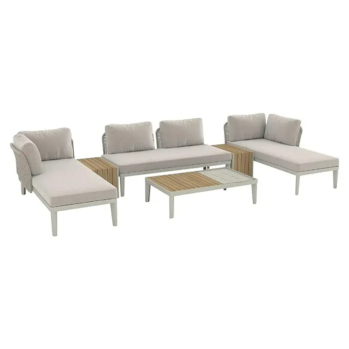 Sunfun Solo Conjunto de muebles chaise lounge + sofá + mesa + mesa auxiliar - 6 pzs., Gris claro - Elegante conjunto de muebles de jardín con cojines claros y detalles de madera. Ideal para relajarse al aire libre.