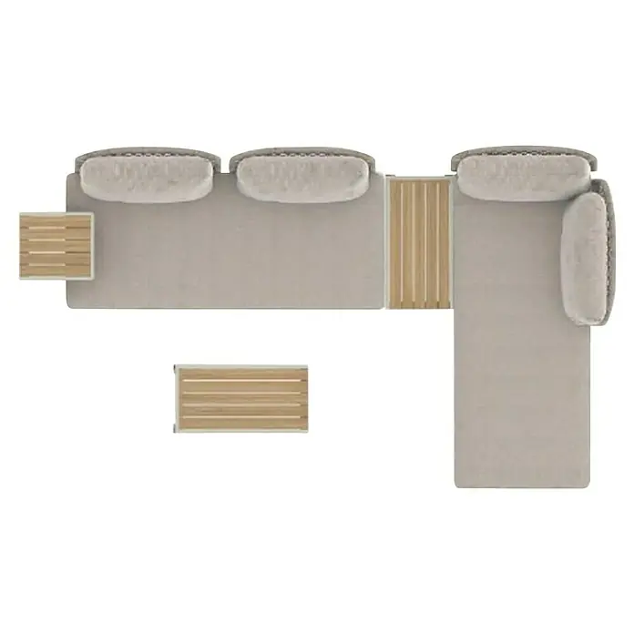 Sunfun Solo Conjunto de muebles chaise lounge + sofá + mesa auxiliar - 5 pzs., Gris claro - Vista superior de un sofá de esquina gris para exterior con cojines claros y mesas de madera, ideal para el jardín o el patio.