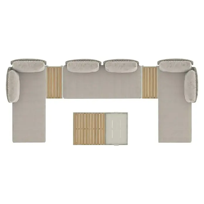 Sunfun Solo Conjunto de muebles chaise lounge + sofá + mesa + mesa auxiliar - 6 pzs., Gris claro - Vista superior de un sofá modular seccional con paneles de madera, que muestra un diseño de sala de estar moderno y flexible.