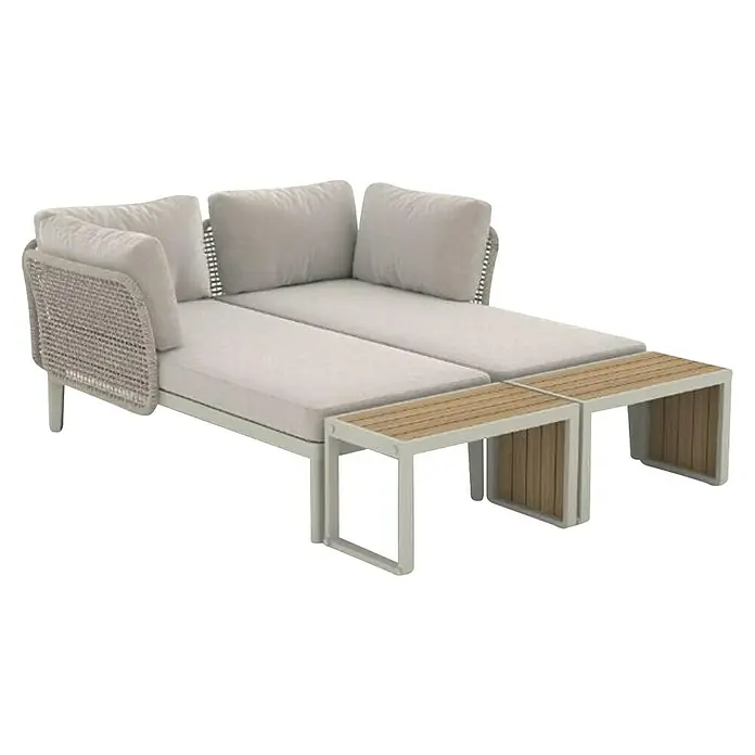 Sunfun Solo Conjunto de muebles chaise lounge + mesa auxiliar - 4 pzs., Gris claro - Elegante tumbona doble de exterior con cojines claros y dos mesas auxiliares a juego para horas de relax al aire libre.