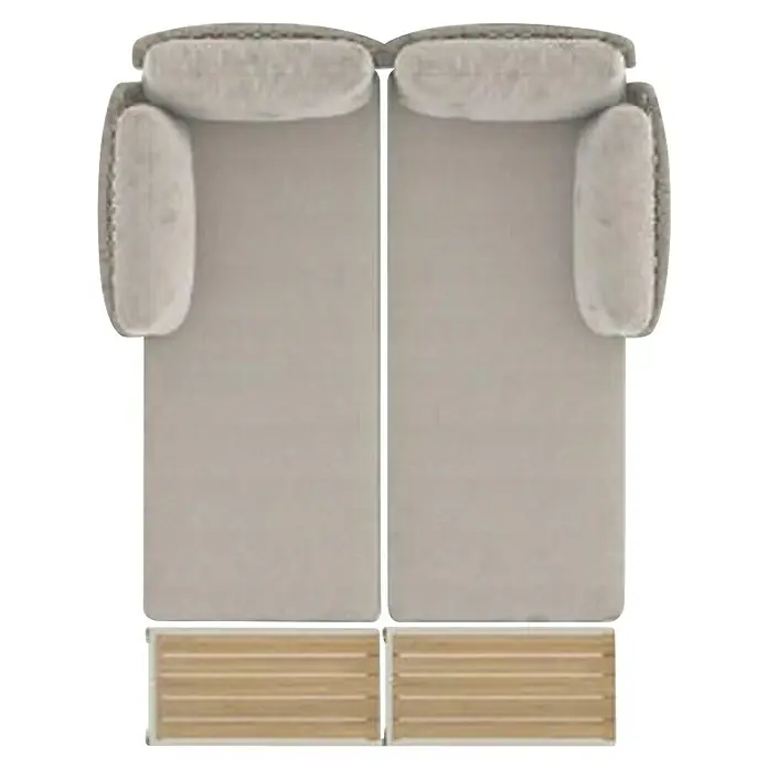Sunfun Solo Conjunto de muebles chaise lounge + mesa auxiliar - 4 pzs., Gris claro - Vista superior de dos camas juntas con cabeceros y reposabrazos tapizados, ideales para la relajación y el descanso.