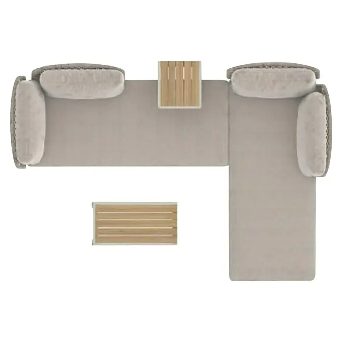 Sunfun Solo Conjunto de muebles chaise lounge + mesa auxiliar - 4 pzs., Gris claro - Vista superior de un sofá modular de salón en forma de L con mesas auxiliares de madera. El sofá está en un tono neutro y viene con cojines.