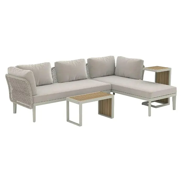Sunfun Solo Conjunto de muebles chaise lounge + mesa auxiliar + respaldo - 4 pzs., Gris claro - Elegante conjunto de sofá para exteriores con cojines cómodos y mesas auxiliares, ideal para relajarse al aire libre. Diseño para jardín o terraza.