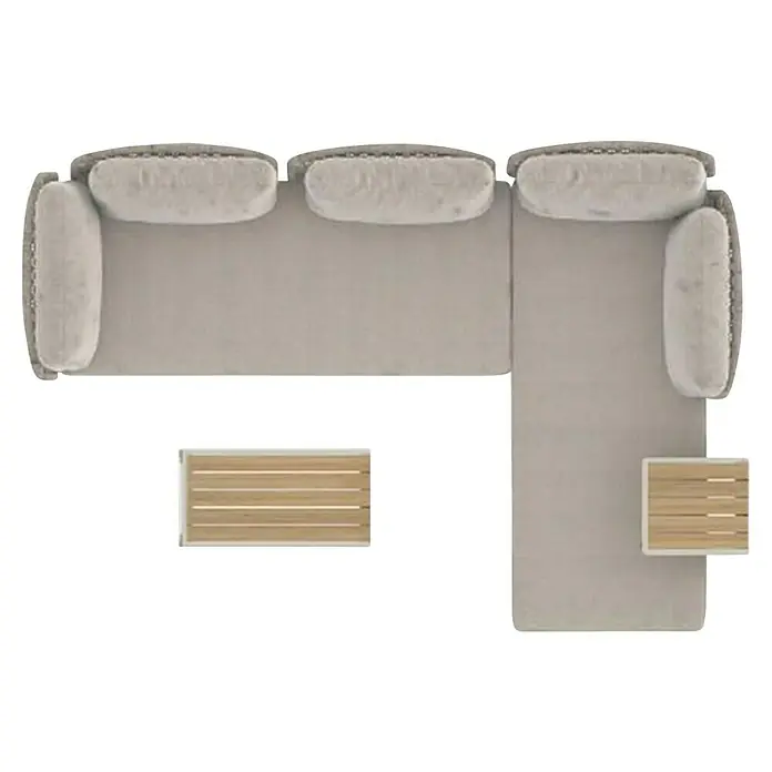 Sunfun Solo Conjunto de muebles chaise lounge + mesa auxiliar + respaldo - 4 pzs., Gris claro - Una vista desde arriba de un sofá seccional beige con dos mesas auxiliares de madera con listones. El sofá cuenta con cojines de felpa y un diseño moderno.