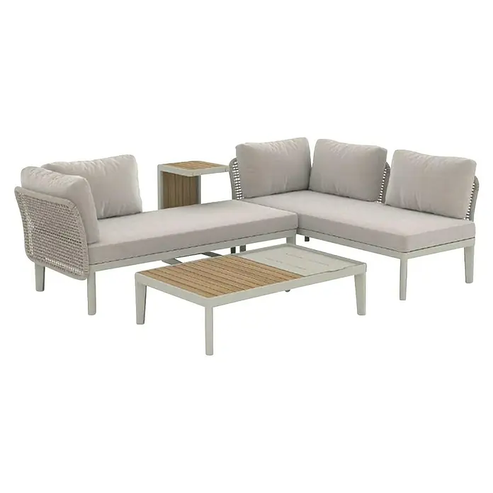 Sunfun Solo Conjunto de muebles chaise lounge + mesa + mesa auxiliar - 4 pzs., Gris claro - Primer plano de un sofá de patio gris con una mesa auxiliar y una mesa de centro con tapa de madera y vidrio.